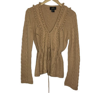 Women's Medium Pure Cashmere Tan Crochet Tie Pom Pom Cardigan Sweater